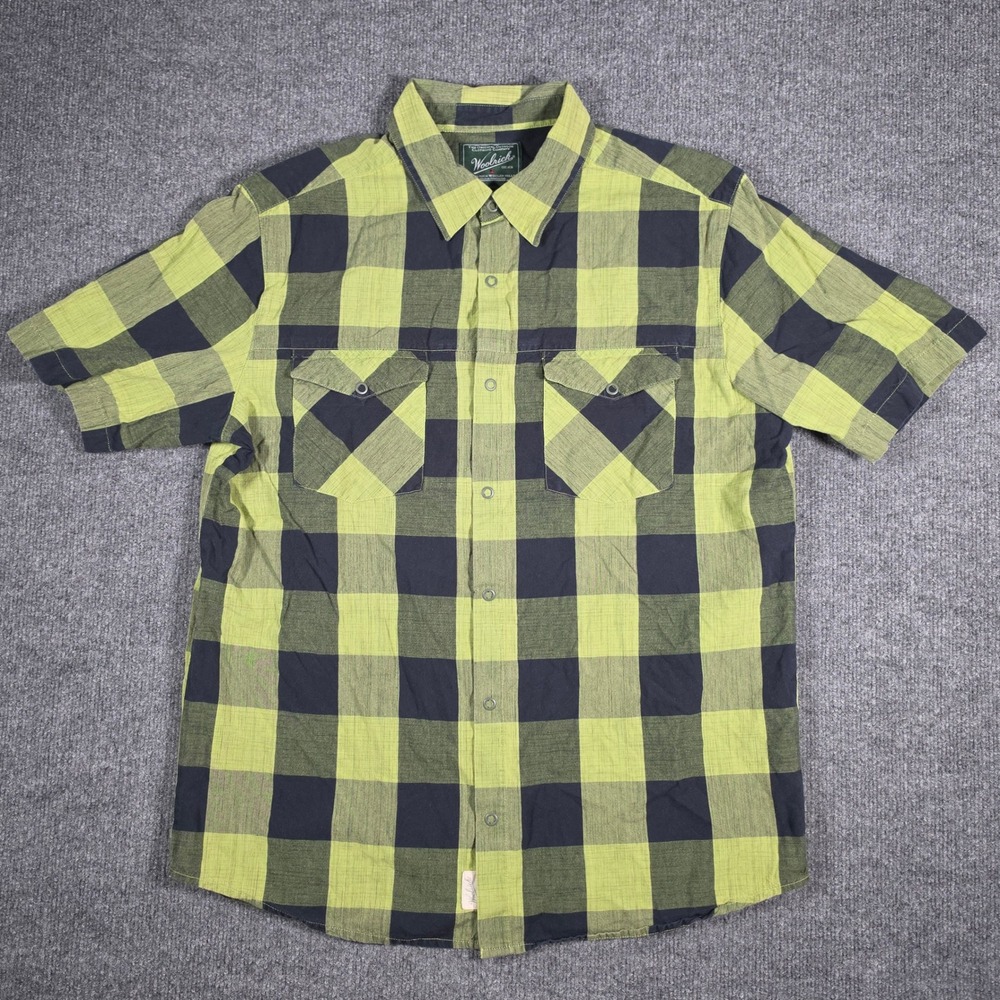 Woolrich Mens Large Green Black Buffalo Plaid Snap Front Short Sleeve Shirt 6338